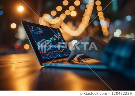 Laptop with human hands typing and stock market trading charts on the screen with night lights bokeh in the background Laptop with human hands typing and stock market trading charts on the screen with night lights bokeh in the background 120422229