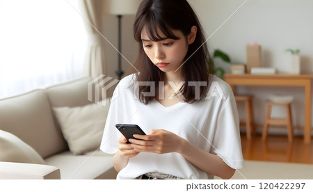 一個有麻煩的女人看著智能手機 一個有麻煩的女人看著智能手機 120422297