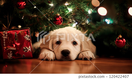White puppy retriever lying down under christmas tree 120422407