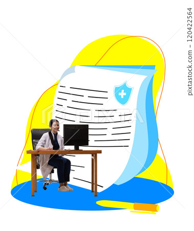 Contemporary art collage. Doctor seated at desk, reviewing medical records on computer, with giant document in background featuring healthcare shield icon. 120422564