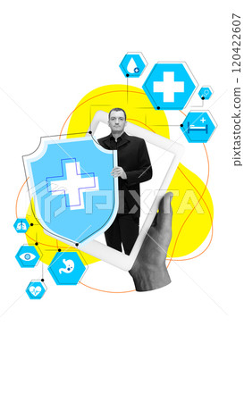 Contemporary art collage. Businessman holding shield icon displayed within tablet, surrounded by healthcare symbols, representing innovation in health insurance services. Contemporary art collage. Businessman holding shield icon displayed within tablet, surrounded by healthcare symbols, representing innovation in health insurance services. 120422607