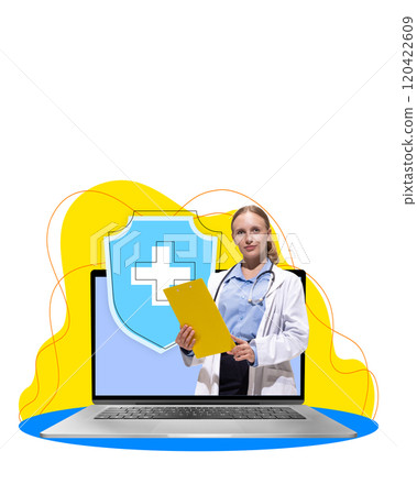 Contemporary art collage. Contemporary art collage. Female doctor in white coat with folder standing in laptop with blue shield with medical cross ready to consultation. Contemporary art collage. Contemporary art collage. Female doctor in white coat with folder standing in laptop with blue shield with medical cross ready to consultation. 120422609