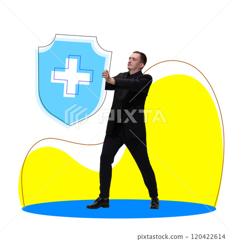 Contemporary art collage. Man dressed in suit holding blue shield with medical cross, symbolizing protection and healthcare insurance. Contemporary art collage. Man dressed in suit holding blue shield with medical cross, symbolizing protection and healthcare insurance. 120422614