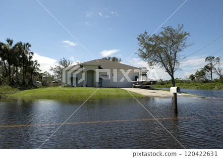 Hurricane flooded street in Florida residential area. Consequences of natural disaster 120422631