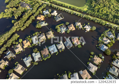 Hurricane flooded homes in residential community in Florida, USA. Aftermath of natural disaster Hurricane flooded homes in residential community in Florida, USA. Aftermath of natural disaster 120422635