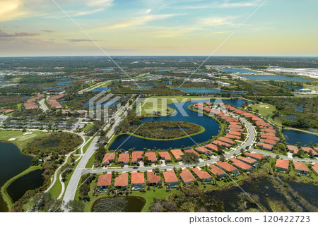 Flooded houses by hurricane Ian rainfall in Florida residential area. Consequences of natural disaster 120422723