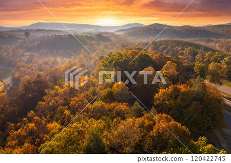 Fall forest on Appalachian mountain hills at sunset with brightly illuminated lush and pine woods. Autumnal landscape of beautiful nature 120422745