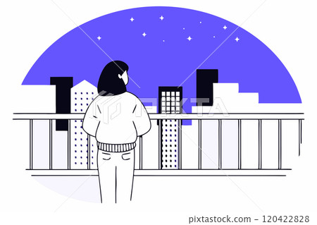 Vector illustration of woman standing alone on the balcony looking at the sleeping city at night 120422828