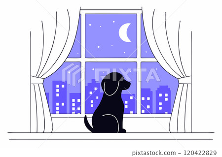 The silhouette of a dog sitting on the windowsill and looking at the night city. Vector flat illustration 120422829