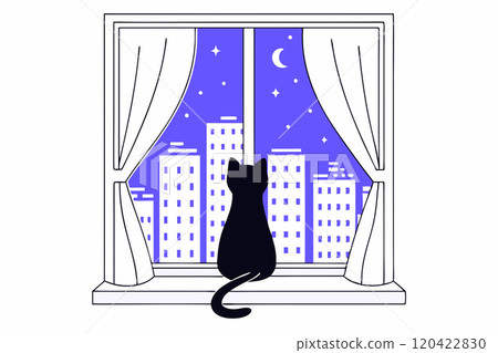 The silhouette of a cat sitting on the windowsill and looking at the night city. Vector flat illustration 120422830