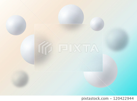 Glass morphism website landing page template. Frosted glass partition with floating spheres. Glass morphism website landing page template. Frosted glass partition with floating spheres. 120422944