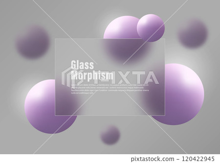 Glass morphism website landing page template. Frosted glass partition with floating spheres. Glass morphism website landing page template. Frosted glass partition with floating spheres. 120422945