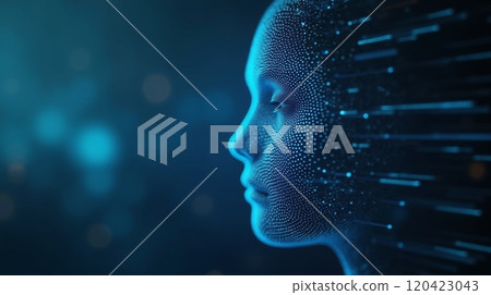 Digital face silhouette with glowing particles on blue background. Futuristic AI concept, copy space 120423043