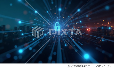 Digital padlock icon with light rays in a cityscape. Cybersecurity and data protection concept 120423059