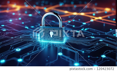 Digital padlock on a circuit board background symbolizing cybersecurity and data protection 120423072