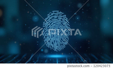 Glowing digital fingerprint on dark background. Cybersecurity and identity verification concept 120423073
