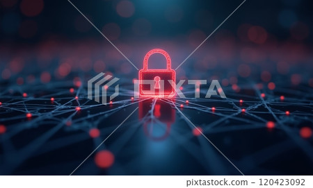 Red digital padlock on a connected network grid symbolizing cybersecurity and data protection 120423092