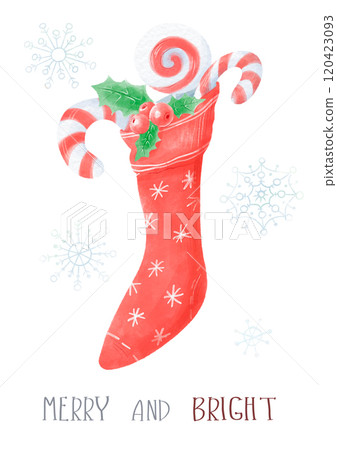 Christmas Watercolor Card Hand Drawn Stocking With Sweets 120423093
