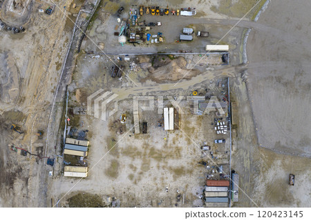 Development of real estate market in the USA. Aerial view of large construction site with building equipment on prepared soil in american rural area Development of real estate market in the USA. Aerial view of large construction site with building equipment on prepared soil in american rural area 120423145