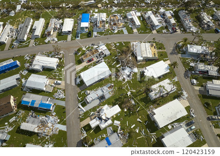 Destroyed by hurricane Ian suburban houses in Florida mobile home residential area. Consequences of natural disaster Destroyed by hurricane Ian suburban houses in Florida mobile home residential area. Consequences of natural disaster 120423159