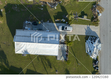 Destroyed by hurricane Ian suburban houses in Florida mobile home residential area. Consequences of natural disaster Destroyed by hurricane Ian suburban houses in Florida mobile home residential area. Consequences of natural disaster 120423160