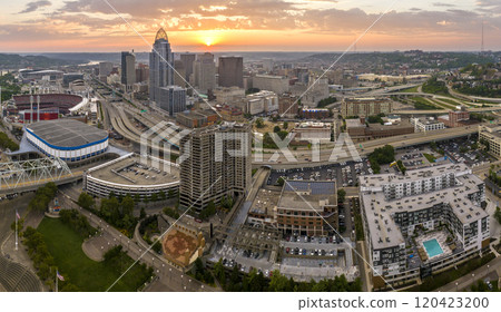 Cincinnati Ohio USA sunset urban landscape. Downtown district skyline with brightly illuminated high skyscraper buildings in modern American megapolis Cincinnati Ohio USA sunset urban landscape. Downtown district skyline with brightly illuminated high skyscraper buildings in modern American megapolis 120423200