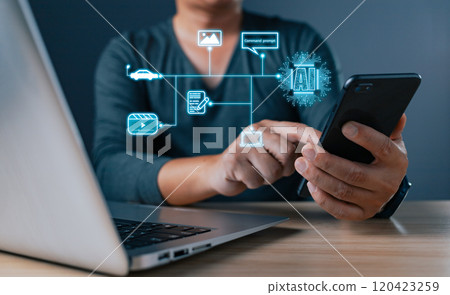 artificial intelligence generates technology concept. a person uses AI chip tech big data business process strategy, and smart customer service management. Digital transformation change management. artificial intelligence generates technology concept. a person uses AI chip tech big data business process strategy, and smart customer service management. Digital transformation change management. 120423259