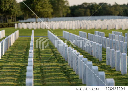 American army Sarasota National Cemetery with rows of white tombstones on green grass. Memorial Day concept 120423304