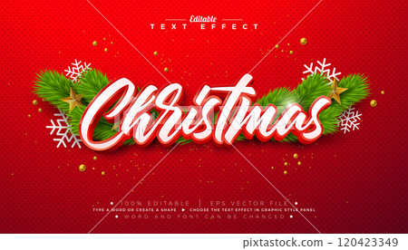 Merry Christmas 3D Text Effect Design. Editable and Scalable Vector Graphic Style Effect with Red Framed Typography Lettering and Ornaments on Red Background. Winter Holiday Illustration Template for 120423349