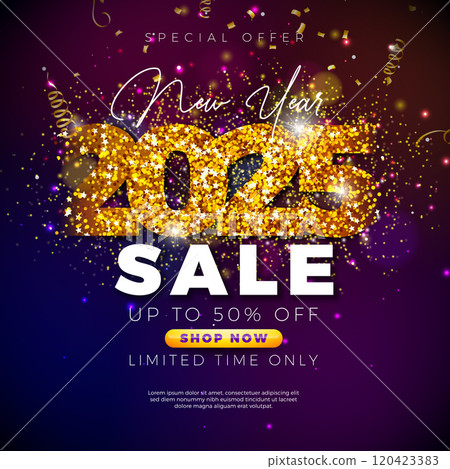 Happy New Year Sale 2025 Design with Gold Glittered Typography Lettering and Falling Confetti on Dark Background. Holiday Special Offer Campaign Discount Illustration for Coupon, Voucher, Banner 120423383