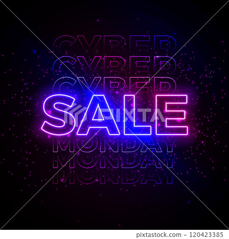 Cyber Monday Sale Banner with Glowing Neon Light Typography Lettering on Dark Background. Modern Vector Holiday Season Minimal Design for Promotion Flyer, Advertising Poster, Fashion Ads and Social 120423385