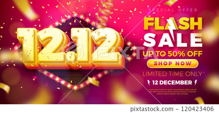 12 December Shopping Day Flash Sale Design with 3d 12.12 Number and Light Bulb Billboard on Red Background. Vector Special Offer 50 Percent Off Campaign Discount Illustration for Coupon, Voucher 120423406