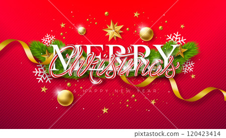 Merry Christmas and Happy New Year Banner with Christmas Candy Cane Typography Letter Fir Branch and Ornamental Ball on Red Background. Vector Xmas Holiday Season Banner Design for Greeting Card 120423414