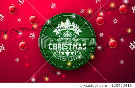 Merry Christmas and Happy New Year Illustration with Light Garland and Typography Lettering on Vintage Wood Background. Vector Holiday Season Banner Design for Greeting Card, Party Flyer, Celebration 120423416