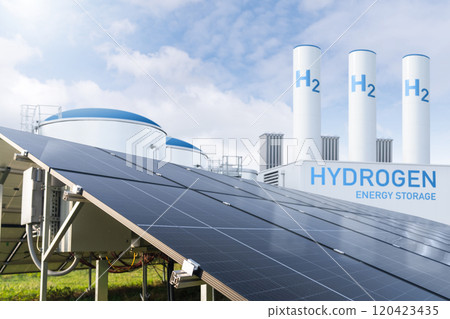 Hydrogen factory with energy storage concept. Green hydrogen production from renewable energy sources. Hydrogen factory with energy storage concept. Green hydrogen production from renewable energy sources. 120423435