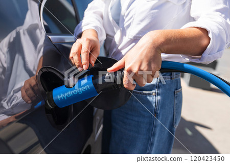 Woman holds a hydrogen fueling nozzle on a hydrogen filling station. Refueling car with hydrogen fuel. 120423450