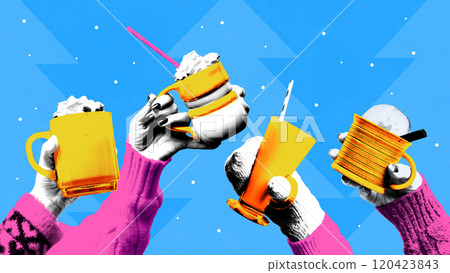 Contemporary art collage. Hands holding festive mugs and glasses against blue background with falling snow. Joyful holiday celebration. Contemporary art collage. Hands holding festive mugs and glasses against blue background with falling snow. Joyful holiday celebration. 120423843
