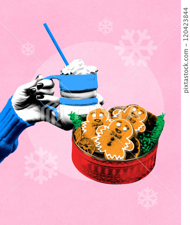 Contemporary art collage. Mug filled with whipped cream and tin of gingerbread cookies, surrounded by cozy Christmas decorations. Contemporary art collage. Mug filled with whipped cream and tin of gingerbread cookies, surrounded by cozy Christmas decorations. 120423844
