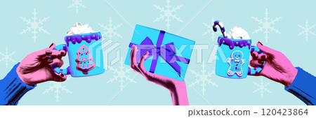 Contemporary art collage. Three hands holding festive mugs with holiday drinks, surrounded by blue-wrapped gift box. Contemporary art collage. Three hands holding festive mugs with holiday drinks, surrounded by blue-wrapped gift box. 120423864