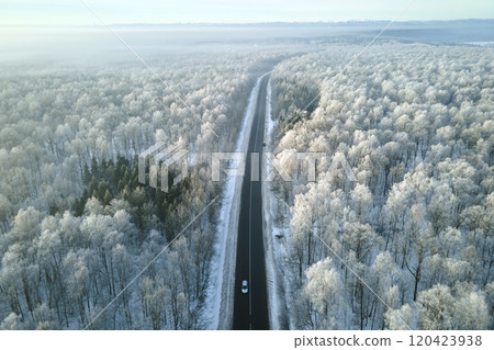 Aerial view of winter landscape with snow covered woods and black asphalt forest road on cold wintry day 120423938