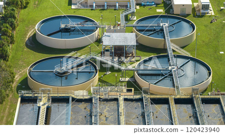 Aerial view of water treatment factory at city wastewater cleaning facility. Purification process of removing undesirable chemicals, suspended solids and gases from contaminated liquid 120423940