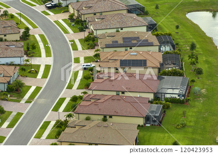 Aerial view of tightly packed homes in Florida closed living clubs. Family houses as example of real estate development in american suburbs 120423953