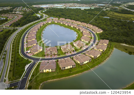 Aerial view of tightly located family houses with retention ponds to prevent flooding in Florida closed suburban area. Real estate development in american suburbs Aerial view of tightly located family houses with retention ponds to prevent flooding in Florida closed suburban area. Real estate development in american suburbs 120423954