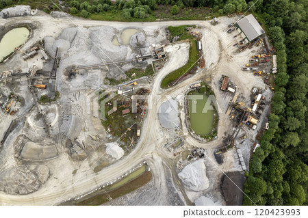 Aerial view of open pit mining site of limestone materials extraction for construction industry 120423993