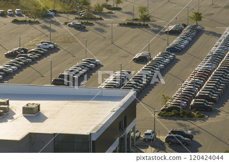 Aerial view of dealership parking lot with many brand new cars for sale. Development of american automotive industry concept 120424044