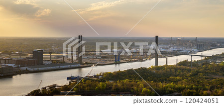 Aerial view of bridge in Savannah, old historical city in Georgia. Southern American architecture at night 120424051