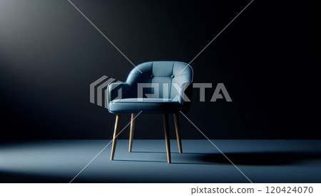 Modern blue chair against black background. Minimalistic studio furniture photography 120424070