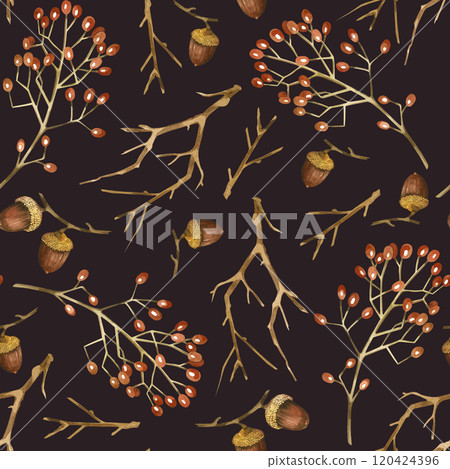 Tree branches, viburnum berry, acorns, seamless watercolor pattern. All objects are hand painted with watercolor. Suitable for printing on fabric, paper, wrapping paper, scrapbooking and cards. Tree branches, viburnum berry, acorns, seamless watercolor pattern. All objects are hand painted with watercolor. Suitable for printing on fabric, paper, wrapping paper, scrapbooking and cards. 120424396