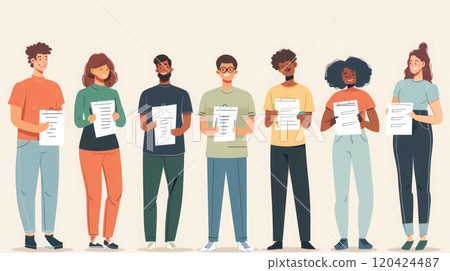 Diverse group filling out consumer survey forms in casual setting, smiling and engaged. Consumer survey answer form 120424487