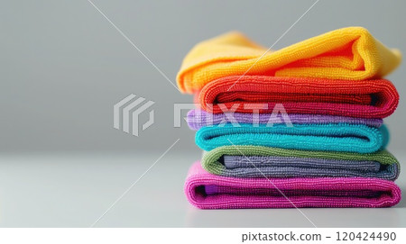 Brightly colored microfiber cloths stacked in a neat pile, perfect for efficient and vibrant cleaning. Cleaning company. Copyspace 120424490